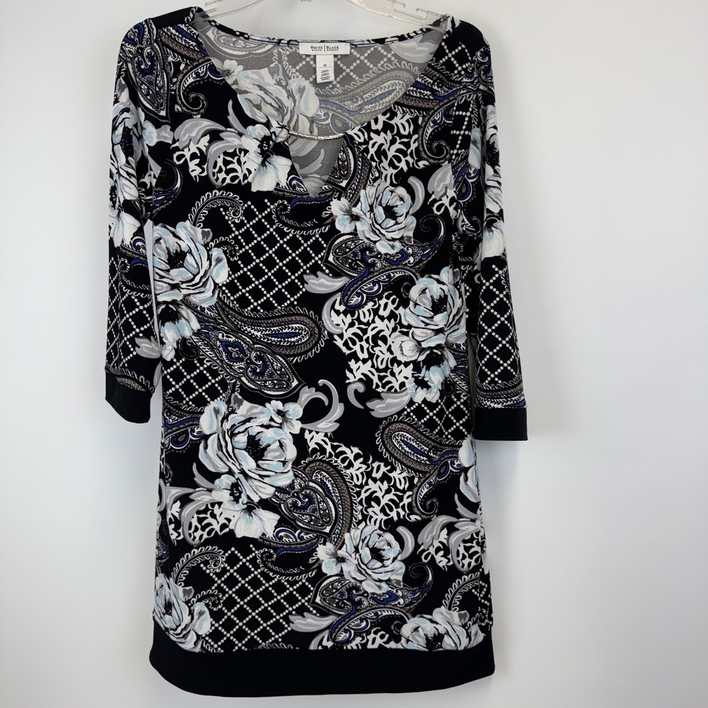 White House Black Market Floral Paisley Knit Dress Black White Blue Size M‎